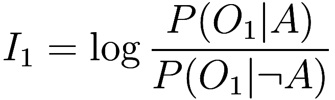 
    I_1 = \log \frac {P(O_1 | A)}{P(O_1 | \neg A)}
