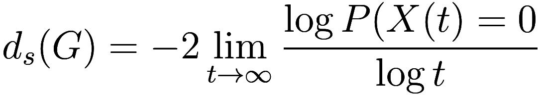d_s(G) = -2 \lim_{t \to \infty} \frac {\log P(X(t) = 0}{\log t}