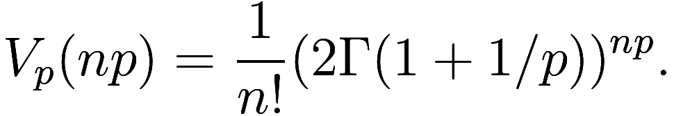  V_p(np) = \frac 1{n!} (2 \Gamma(1 + 1/p))^{np}. 