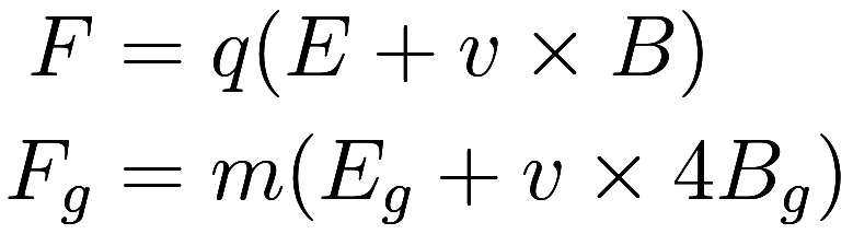 
\begin{aligned}
    F &= q(E + v \times B) \\
    F_g &= m(E_g + v \times 4B_g)
\end{aligned}
