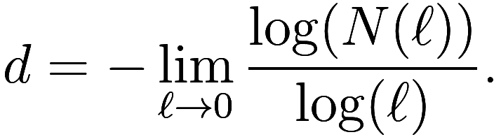 d = -\lim_{\ell \to 0} \frac {\log(N(\ell))}{\log(\ell)}.