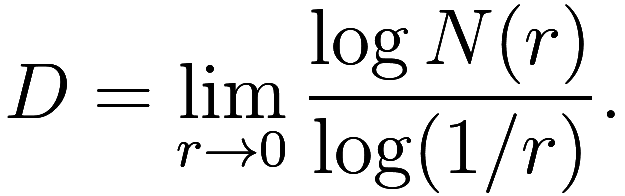 D = \lim_{r \to 0} \frac {\log N(r)}{\log (1 / r)}.