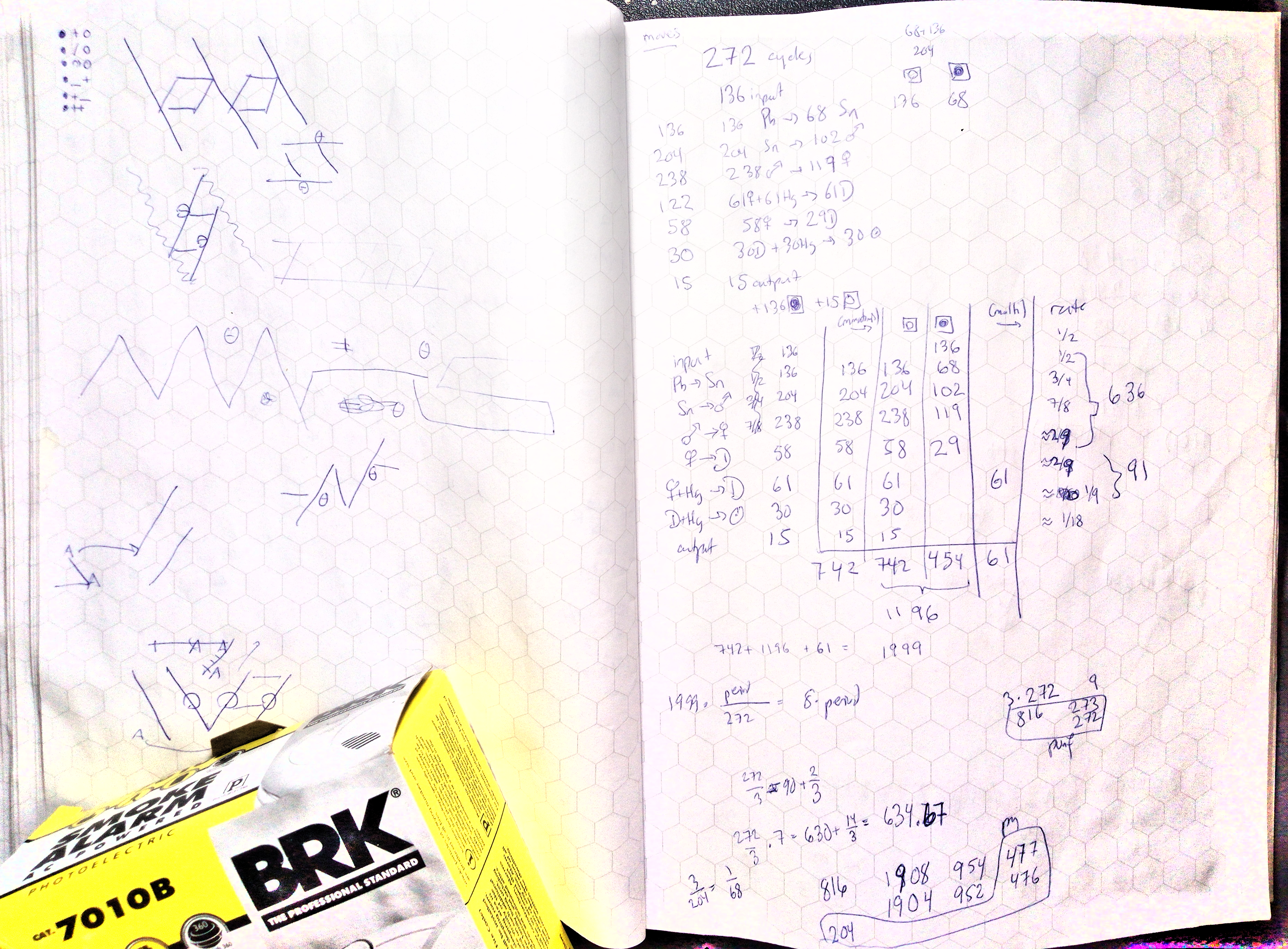 At left, some experiments with period 3 thermal fuse; the track shown is similar to what Madmaster5000 used for calcification, but I was missing the rest of the owl. At right, calculations of the absolute minimum number of instructions needed for critellium at min rate, on account of unavoidable manipulations of single-atom molecules.