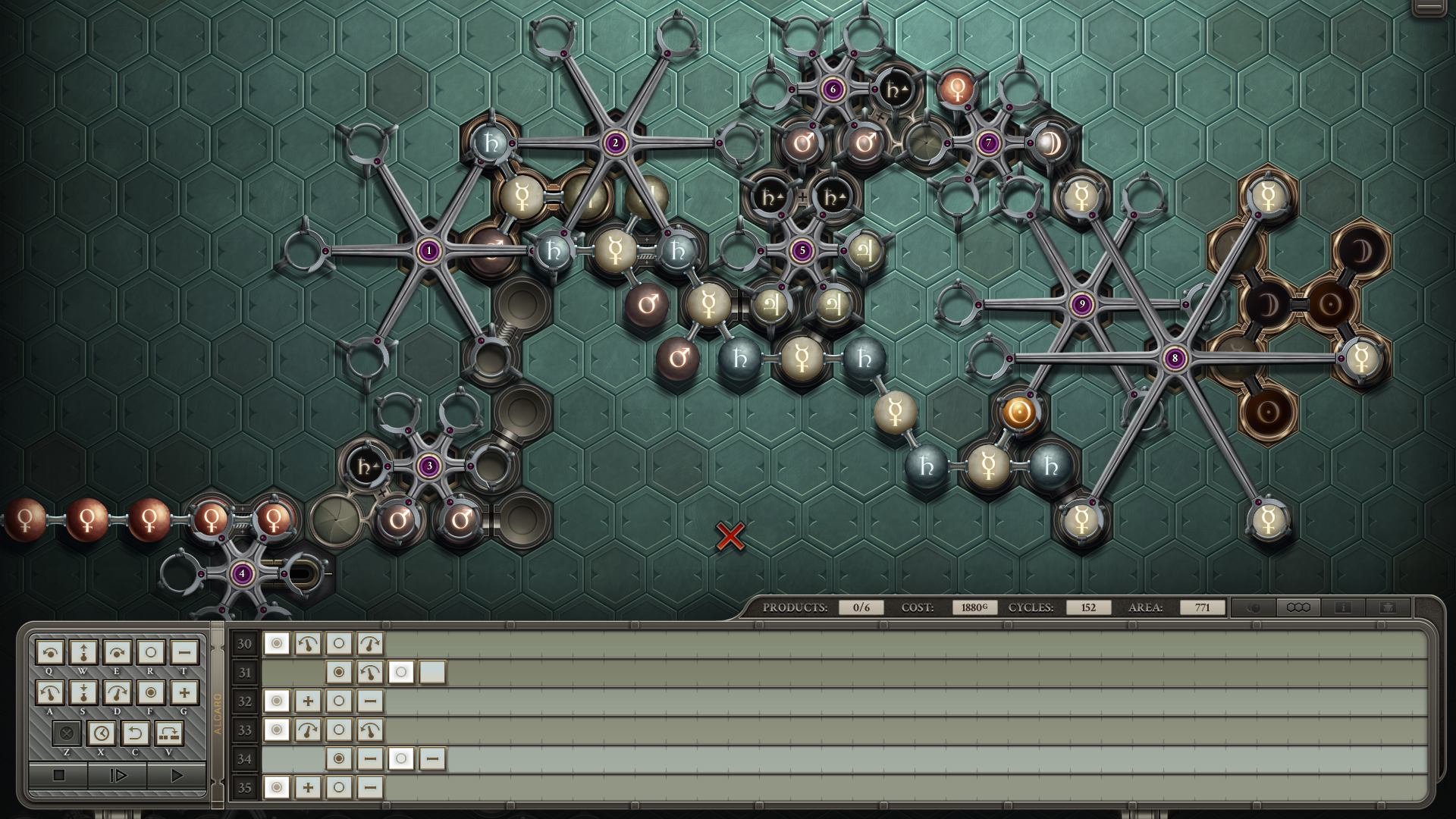 Incomplete RI solution; here is input and most of the purification. The upper-right turns the tin input into gold, and re-attaches it to the input to be swung to the bottom. At left, the iron input is turned into copper.