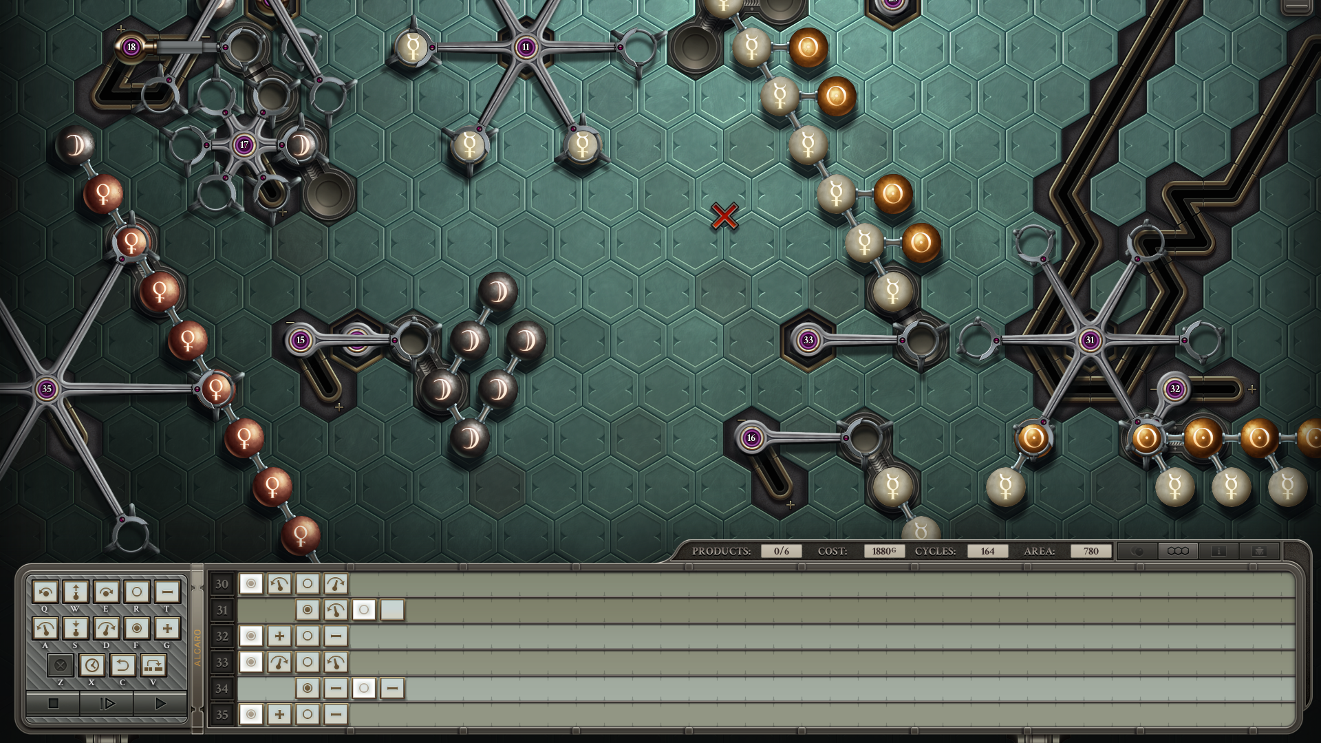 Now is where the solution begins to fall apart. Arm 17 unifies two different silver streams, with some difficulty as they arrive at different rates; this sort of behavior should have been avoided. This becomes 3-length sticks of silver, one needed for each output. At right we are producing mercury-gold dimers with a few extra mercuries. We make 32 such dimers per 15 outputs. At left, arm 35 is holding a stick of 10 coppers and 1 silver, each of which need to be purified all the way to gold. The track loop at right is to grab the occasional mercury-gold dimer and split it apart, as the mercury is needed for purification and the gold for the critellium centers. Then we have a stream of triple-silvers, isolated golds, and gold-mercury dimers, which are to be assembled into finished product. Somehow.