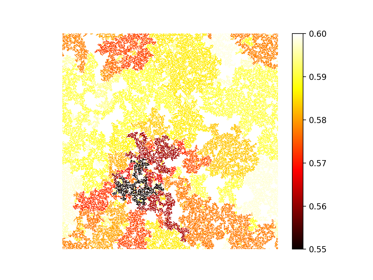 Each non-white location is colored by the smallest value of p for which it is part of the largest cluster in the grid.